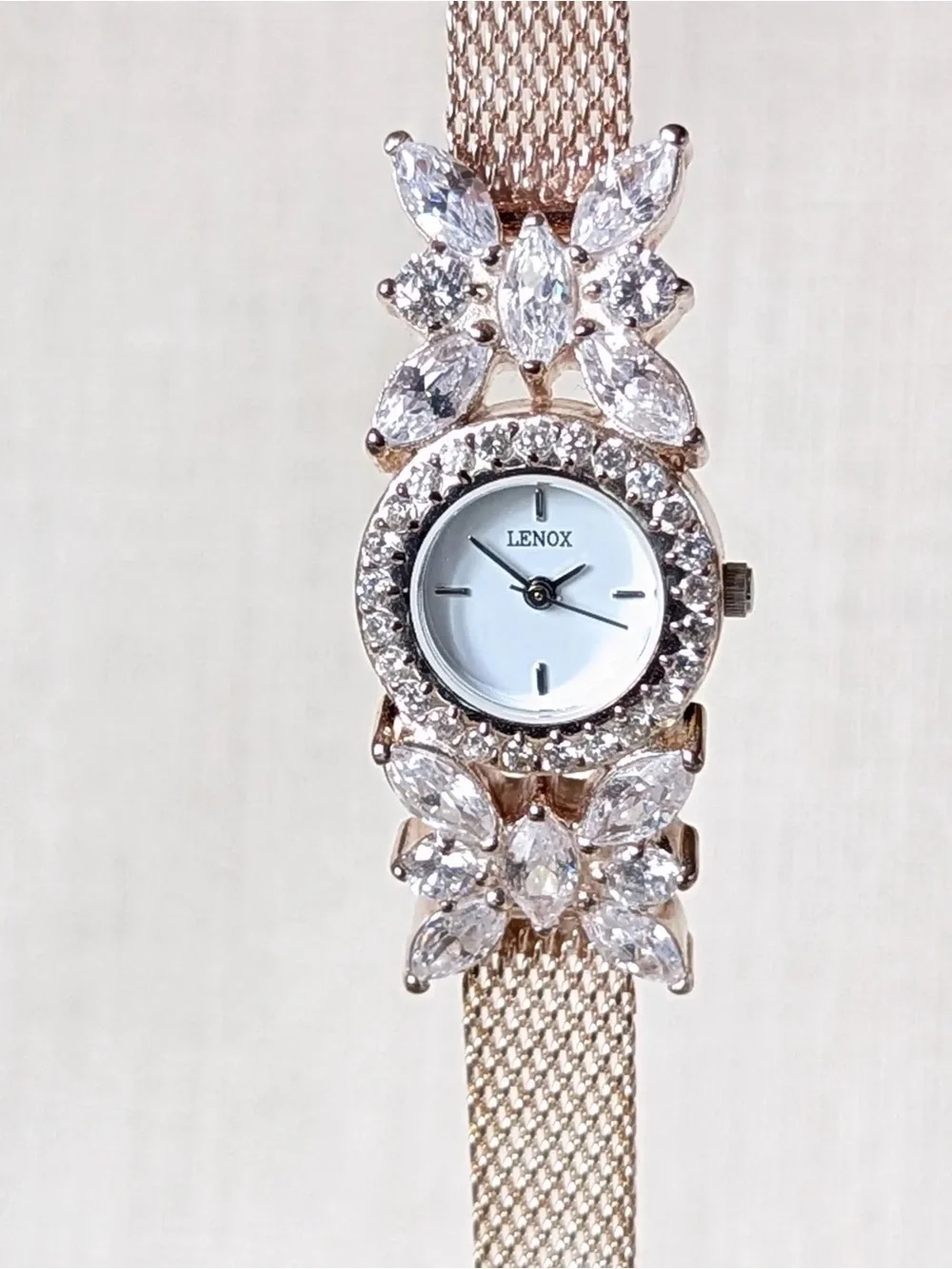 Lenox Crystal Floral Bracelet Watch Silver Tone Mesh Band Elegant Dress Watch